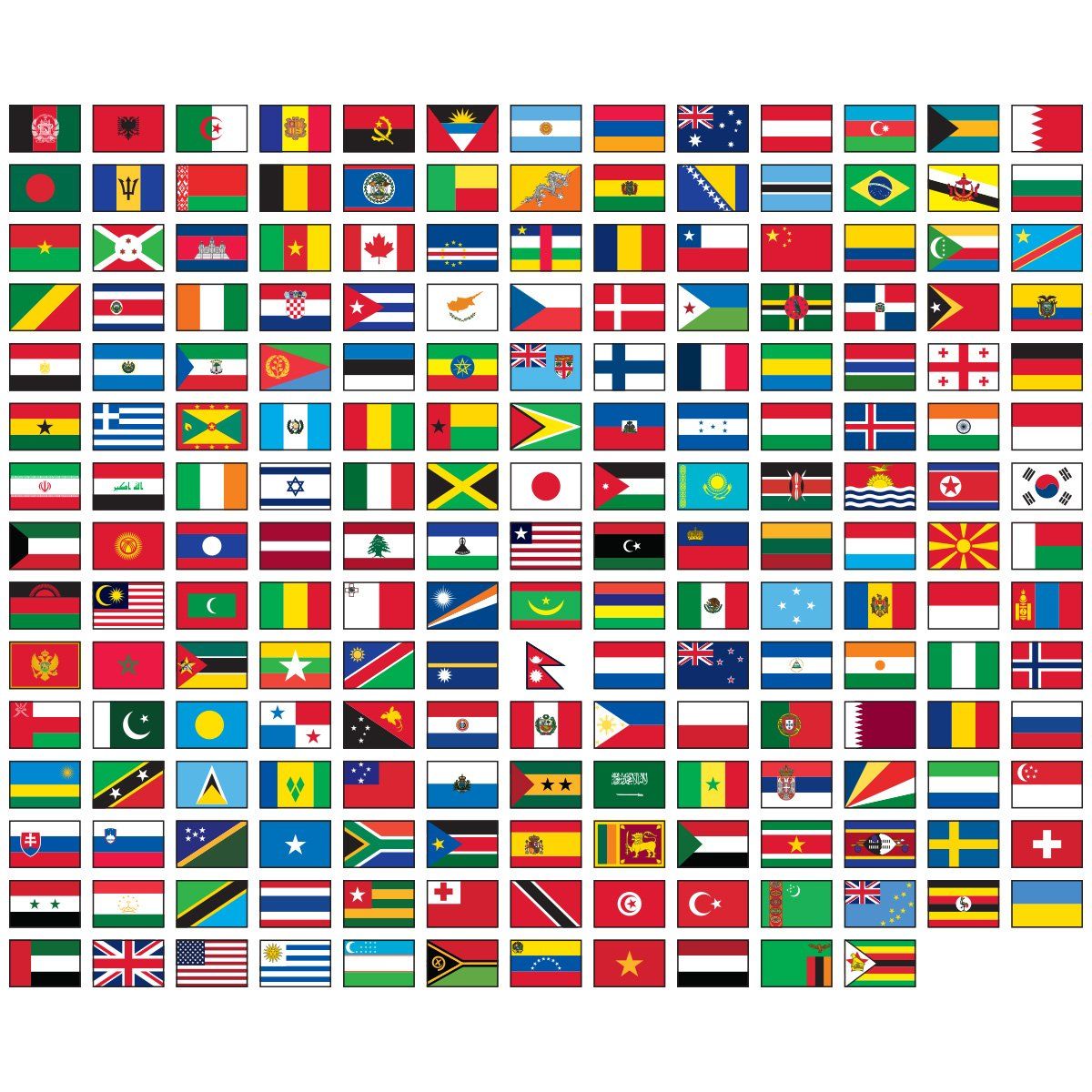 A large collection of world flags on a white background.