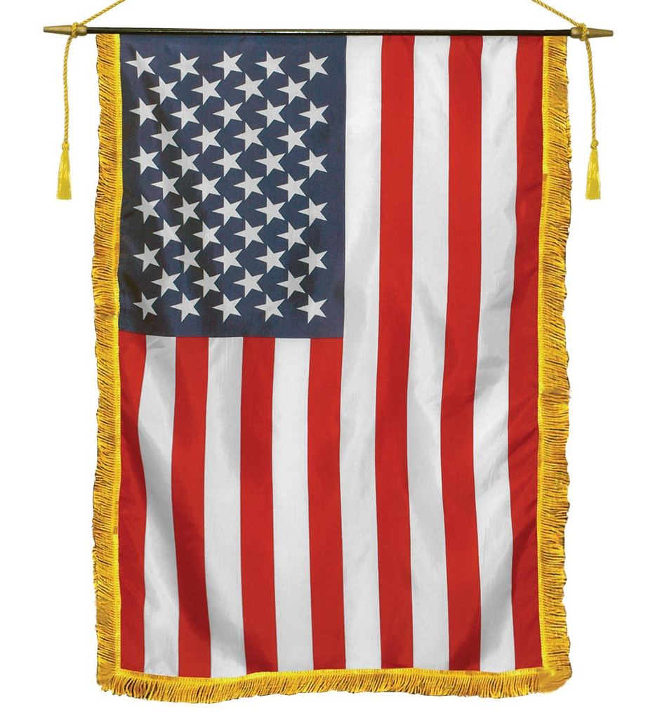 A red white and blue american flag with gold tassels