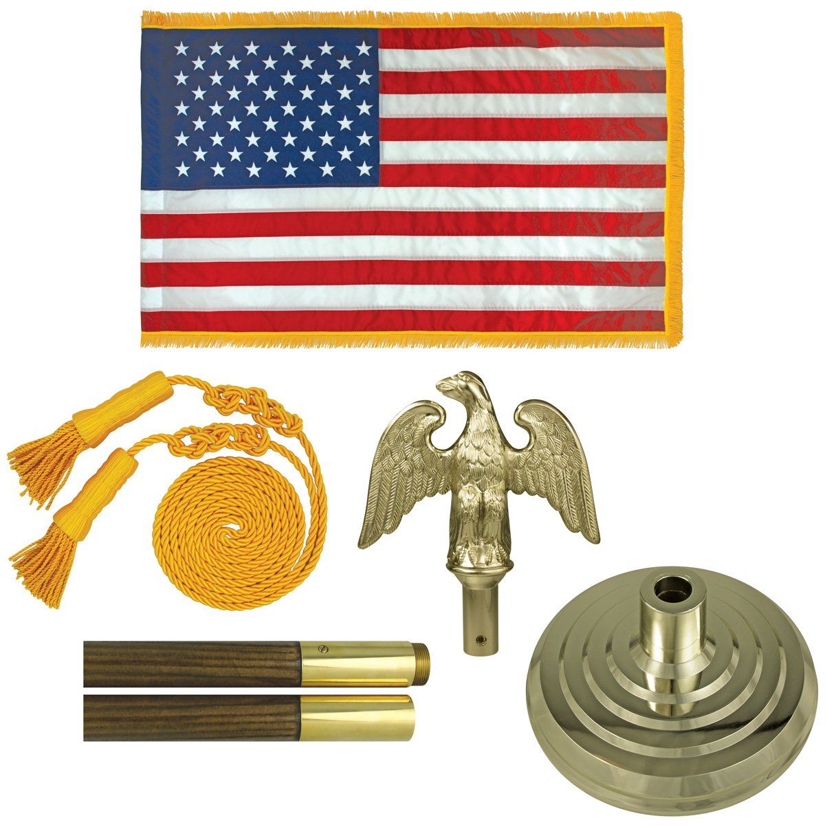 An american flag with a brass eagle on top of it