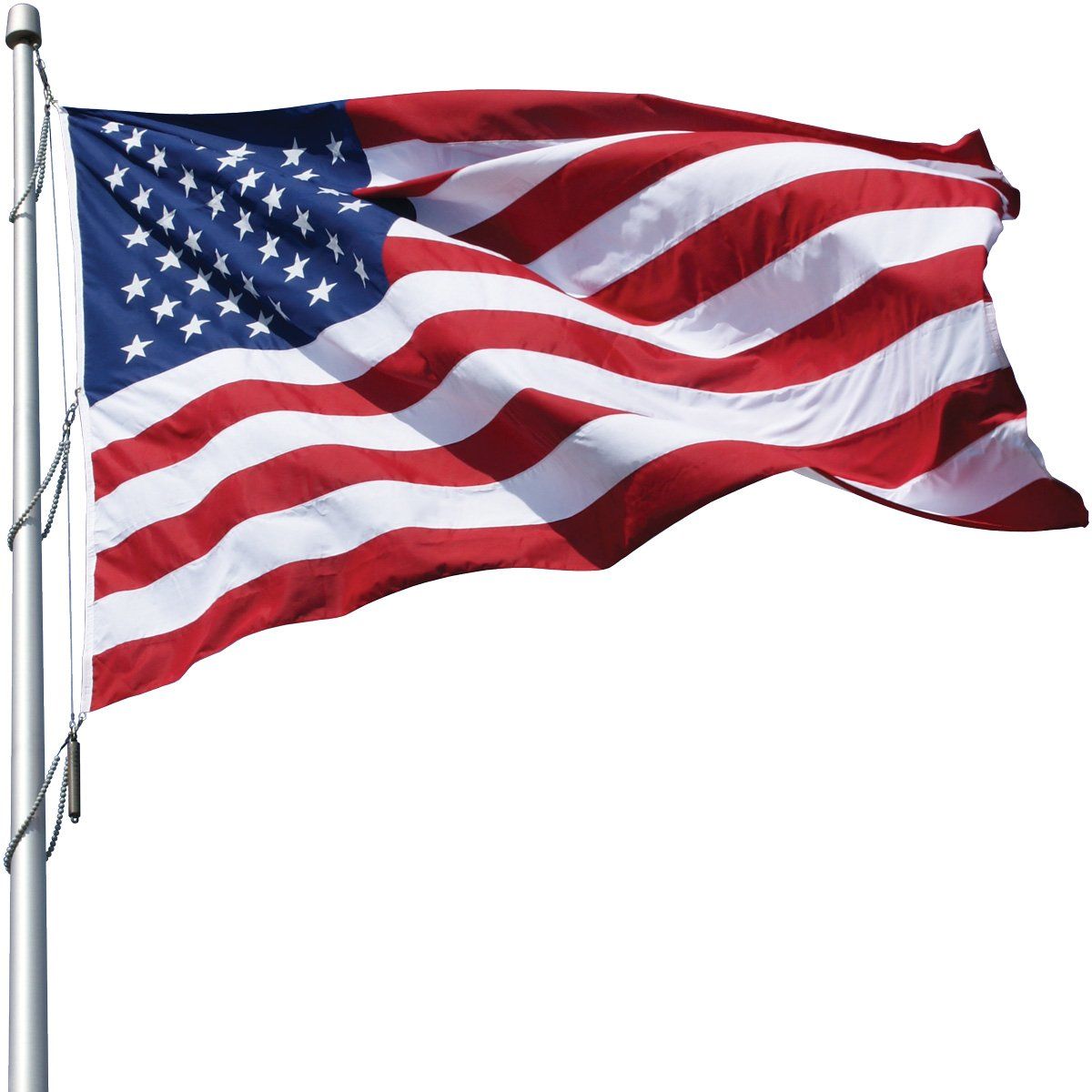An american flag is waving in the wind on a pole