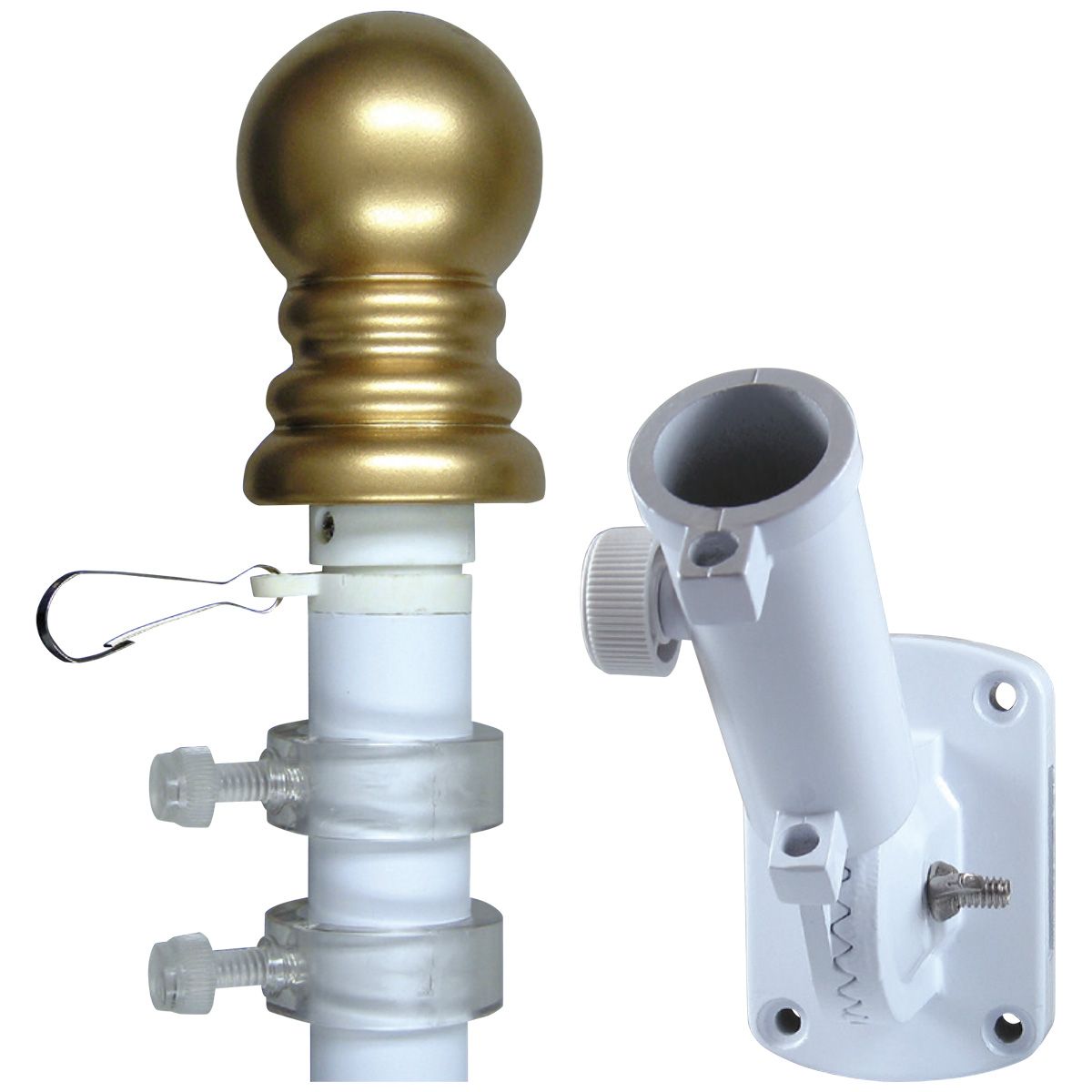 A white pole with a gold ball on top of it