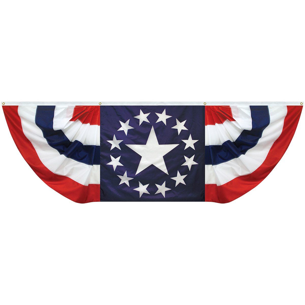 A red white and blue banner with a star in the middle