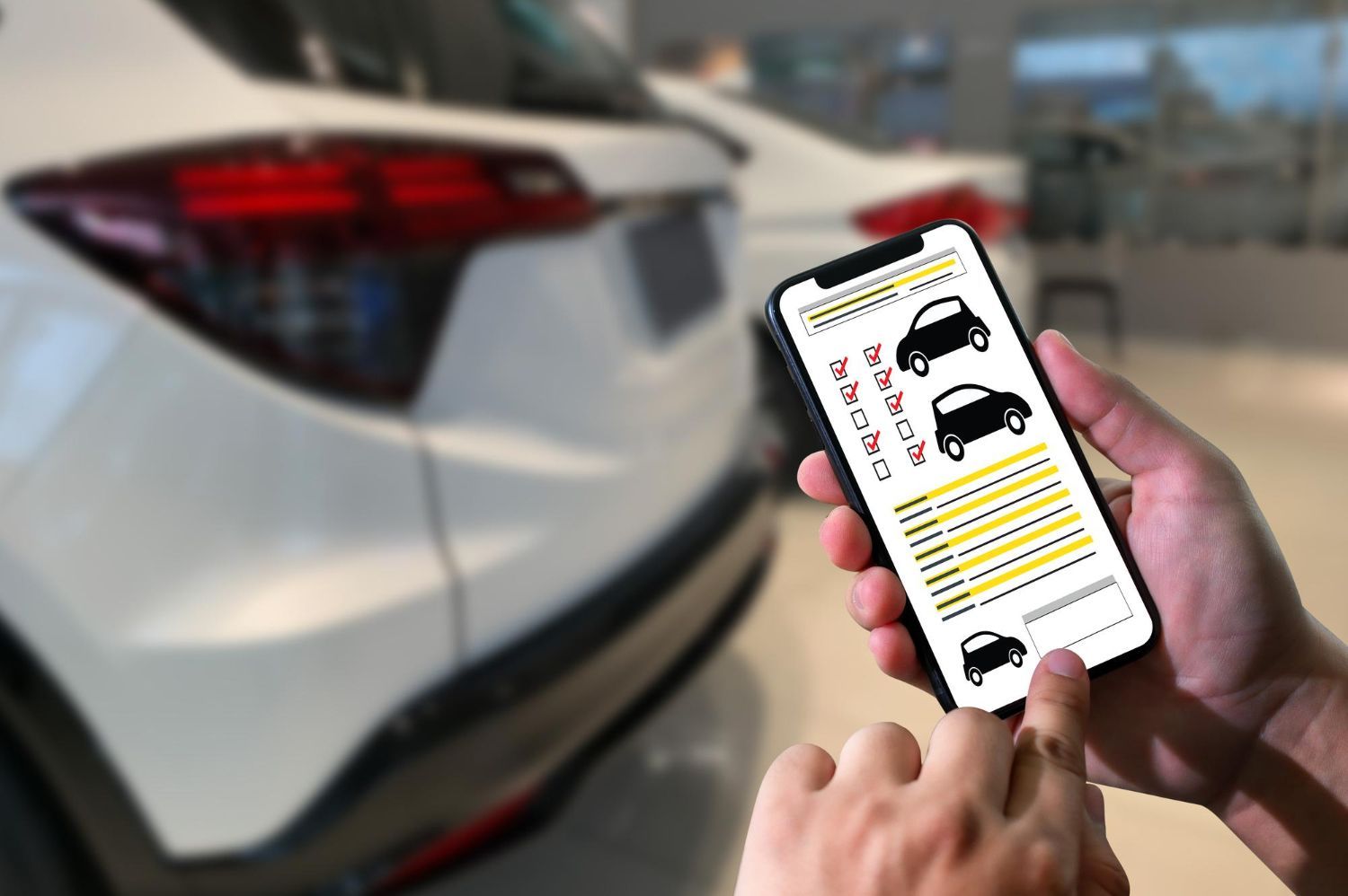Hands holding a smartphone showing a parking app beside a white car in a parking lot