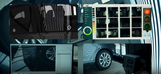 A composite view of automated car manufacturing quality control, showing robotic cameras and monitoring software.