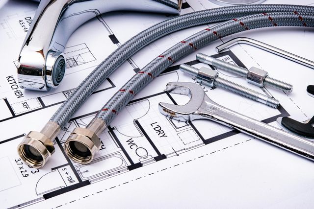A kitchen faucet, braided supply hoses, and a wrench arranged on top of a printed architectural floor plan.