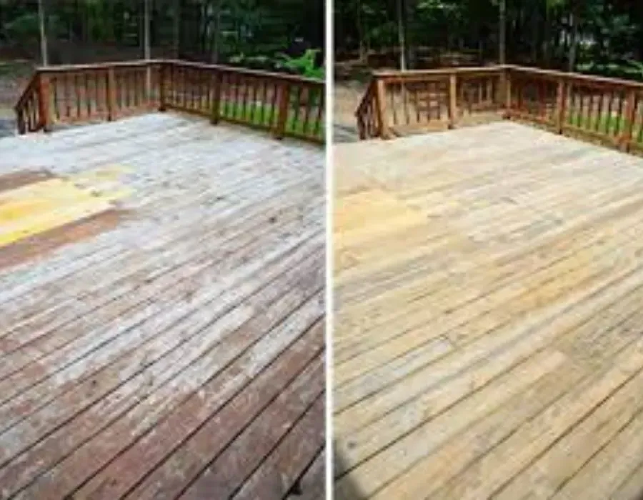 Before-and-after view of a weathered wooden deck, showing cleaning or restoration results.