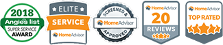 Award badges: 2018 Angie’s List Super Service Award, Elite Service, HomeAdvisor Top Rated and 20 Reviews icons.
