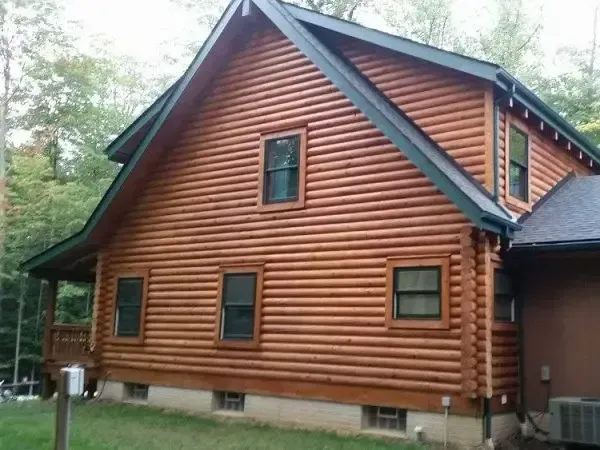 Brown log cabin with green-trimmed windows in a wooded area