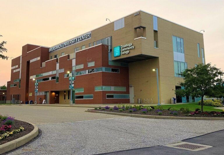 Modern brick hospital building with signs, windows, and landscaped entrance drive