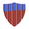 Blue and red shield emblem with vertical stripes and white outlined top sections