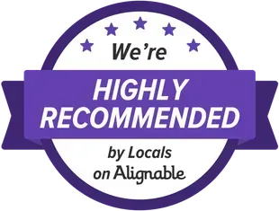 A purple sticker that says we 're highly recommended by locals on alignable.