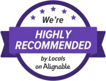 A purple sticker that says we 're highly recommended by locals on alignable.