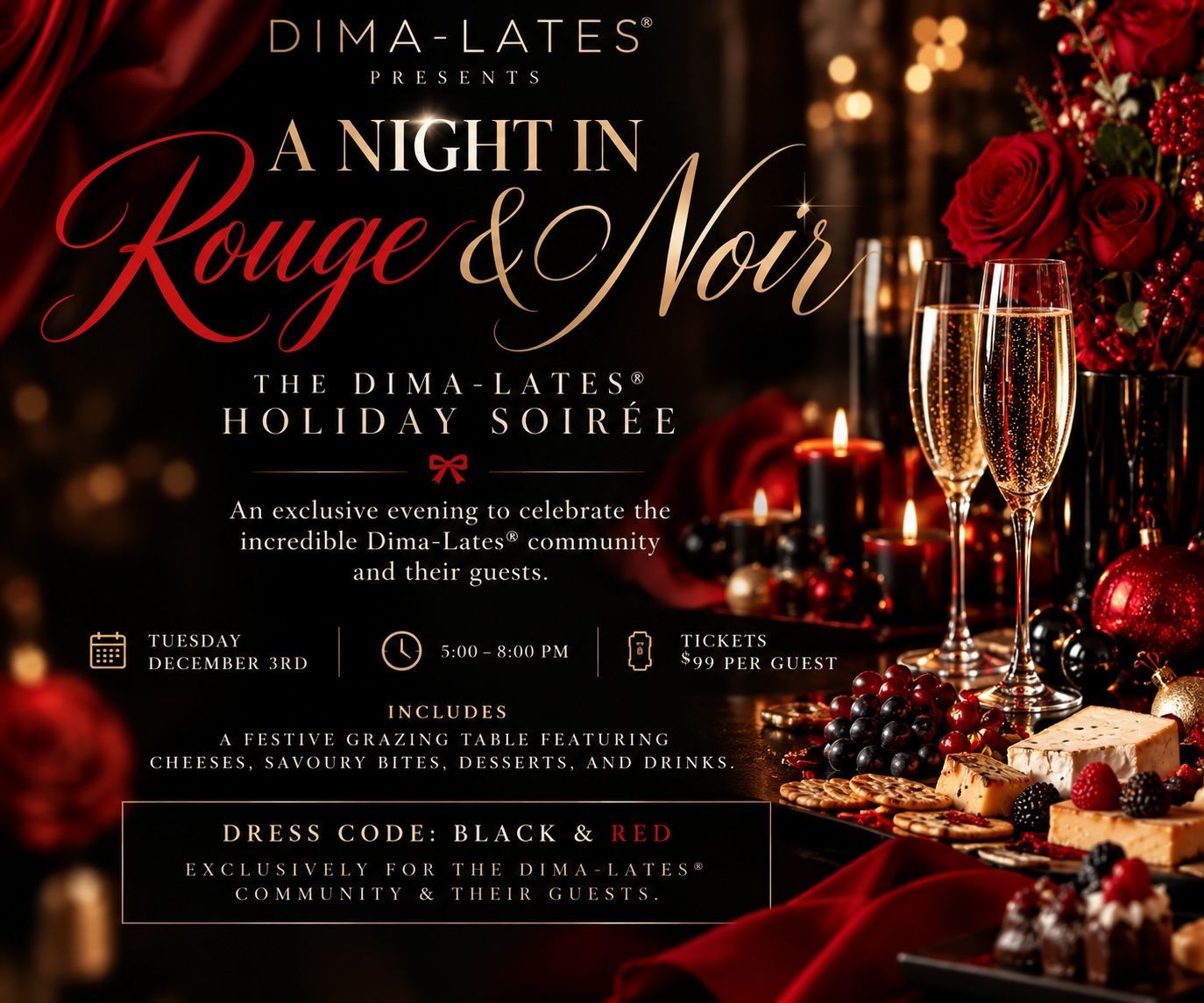 A Night in Rouge & Noir holiday soirée flyer, Thursday December 3, 2026, 5 to 8 PM