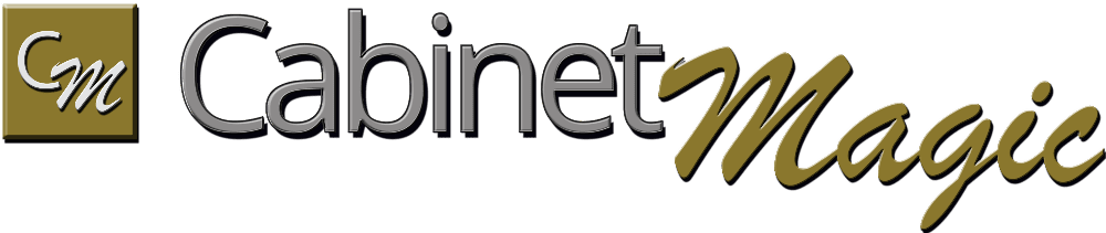 Logo for Cabinet Magic, featuring the words "Cabinet Magic" in gray and gold with a "CM" emblem.