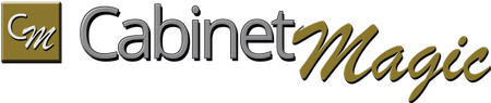 Logo for Cabinet Magic, featuring the words "Cabinet Magic" in gray and gold with a "CM" emblem.