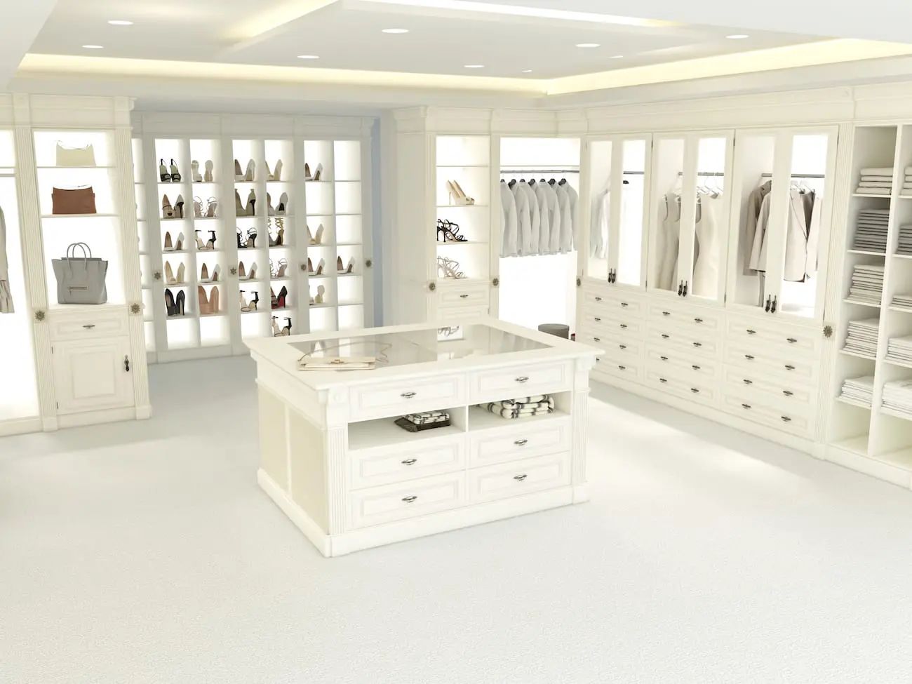 Elegant, bright white walk-in closet with central island and built-in storage. Contains clothing, shoes, and handbags.