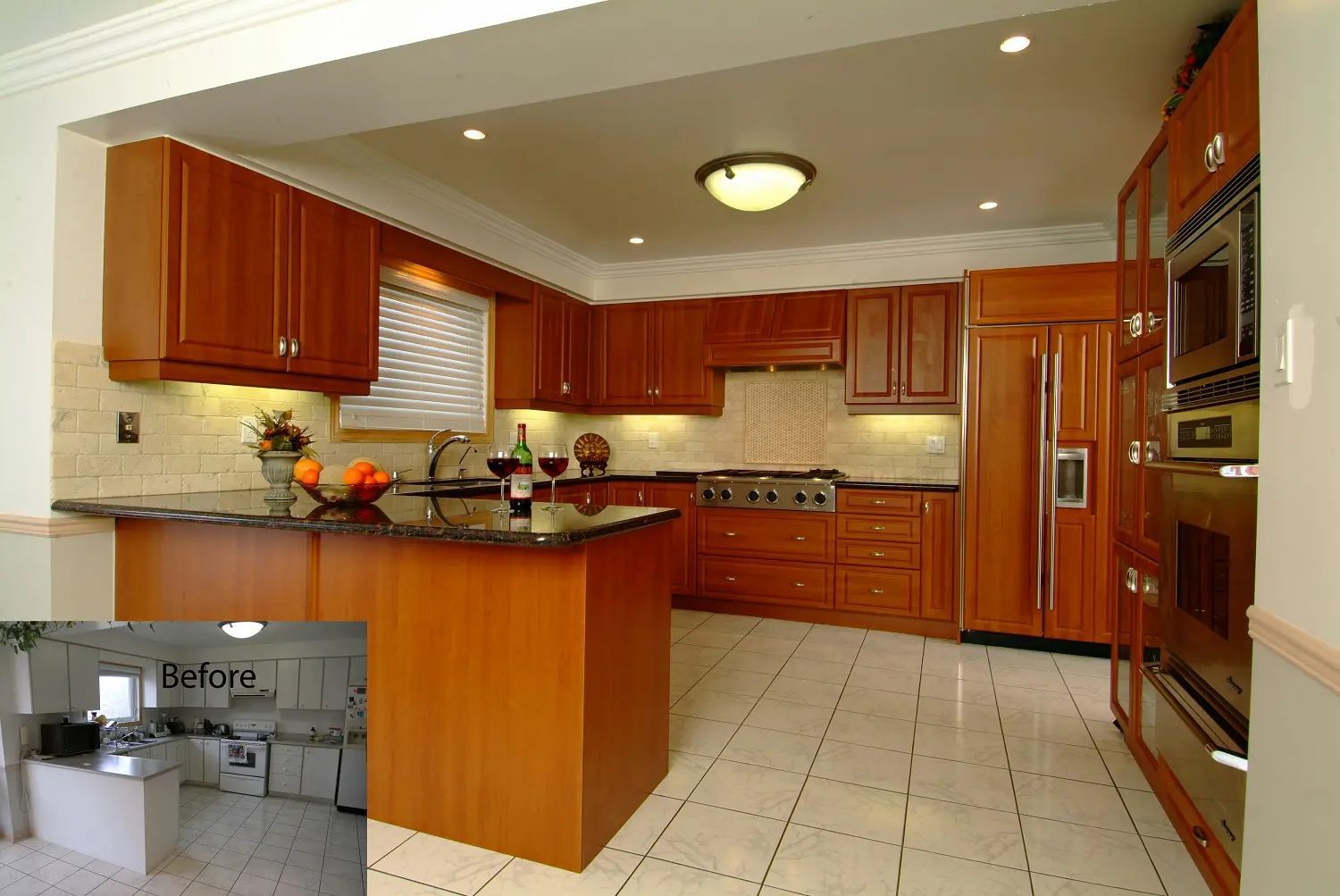 Kitchen remodel: Cherry cabinets, stainless steel appliances, dark countertop, tile floor.