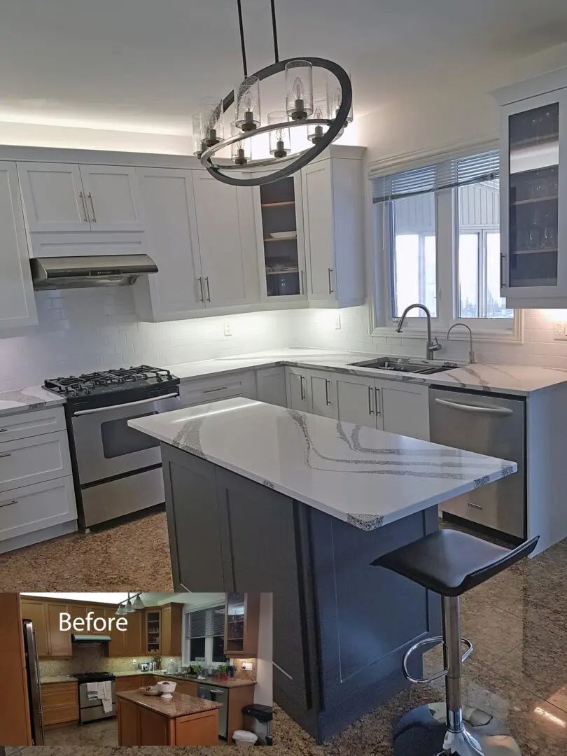 Kitchen remodel with white cabinets, gray island, and marble countertops, with a before photo in the corner.