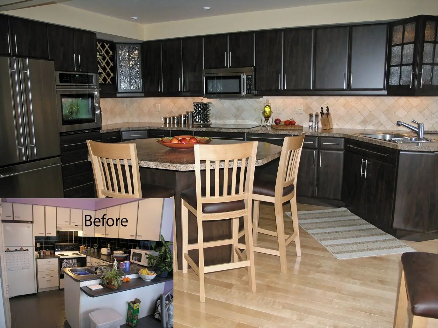 Kitchen remodel before and after. Dark cabinets, stainless steel appliances, granite countertops, and wood floor.