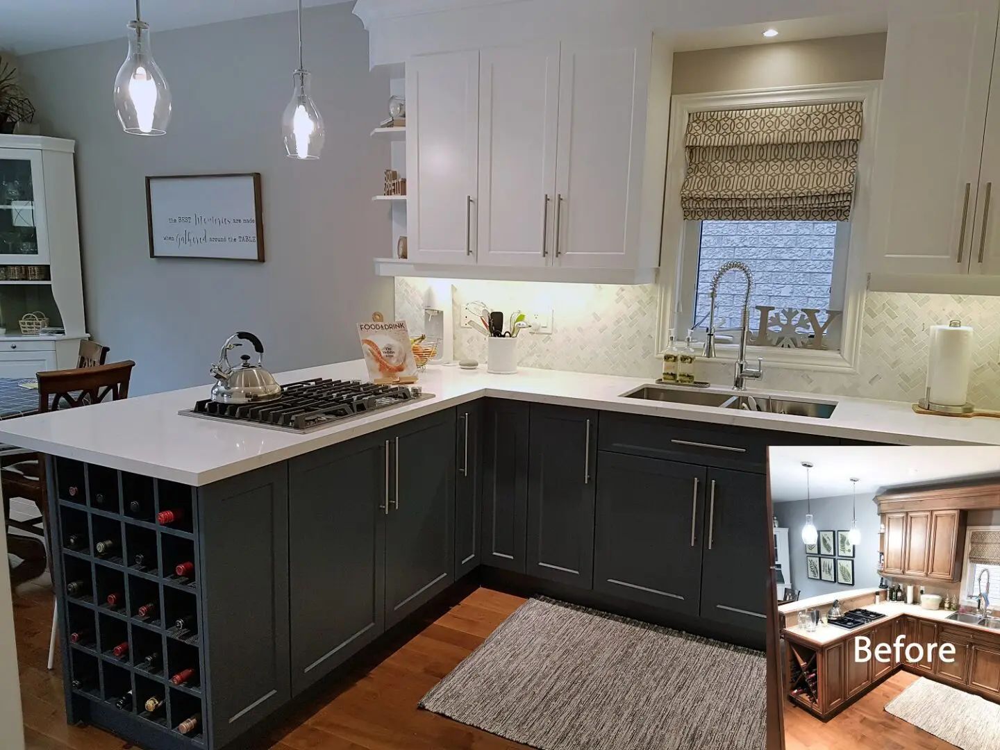 Kitchen renovation: White and gray cabinets, quartz countertops, wine rack, with 