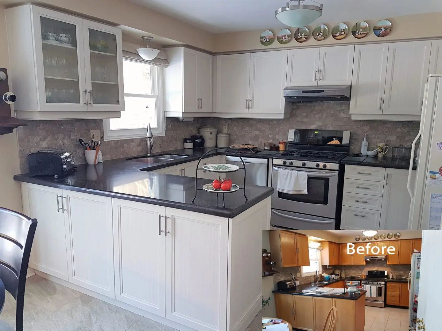 Kitchen renovation before and after: white cabinets, black countertops. Existing image shows the transformation.