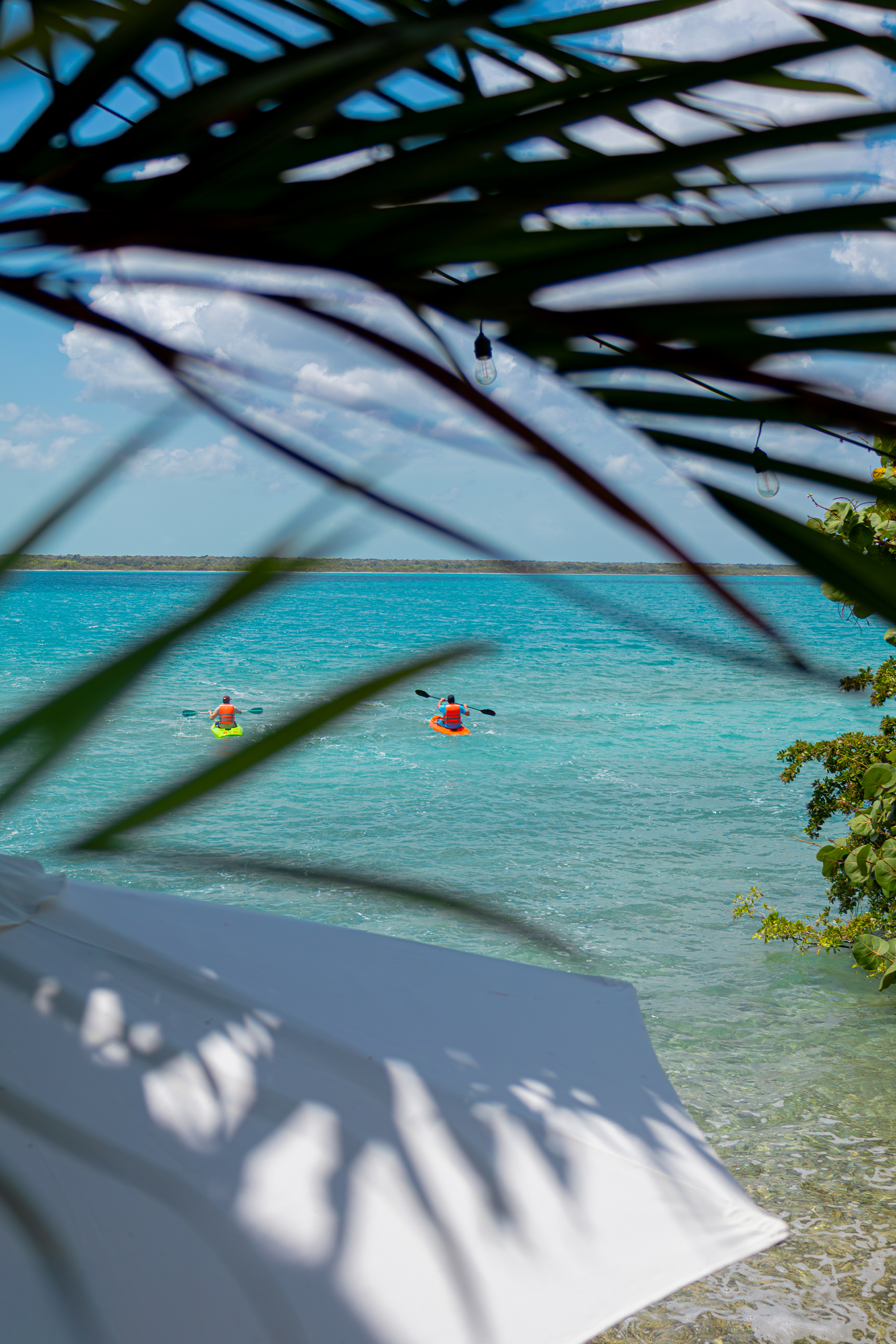 Pareja practicando kayak en la Laguna de Bacalar de siete colores durante un día soleado, rodeada de aguas cristalinas y naturaleza.