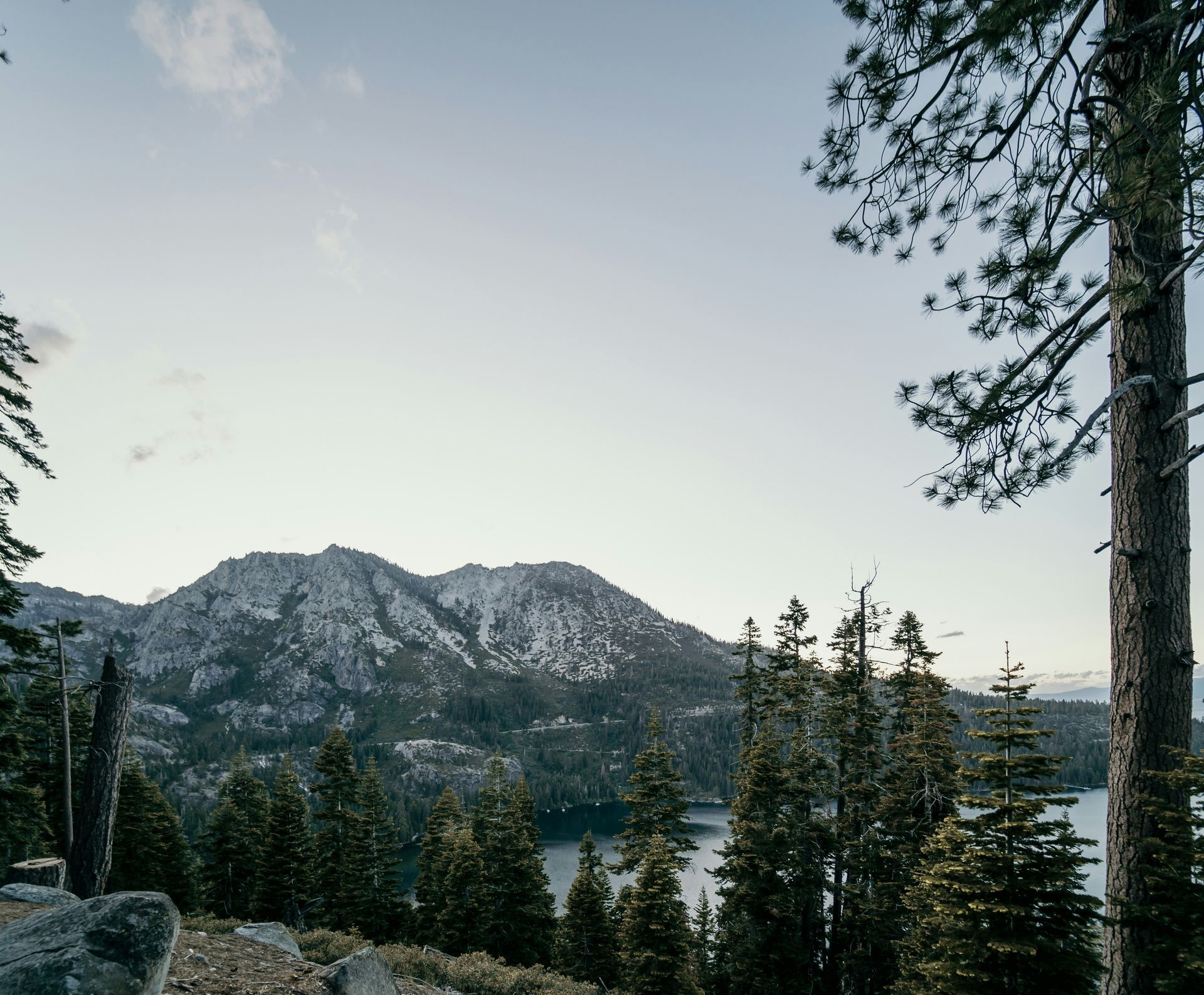 Mountains and a lake framed by evergreen trees under a pale sky.