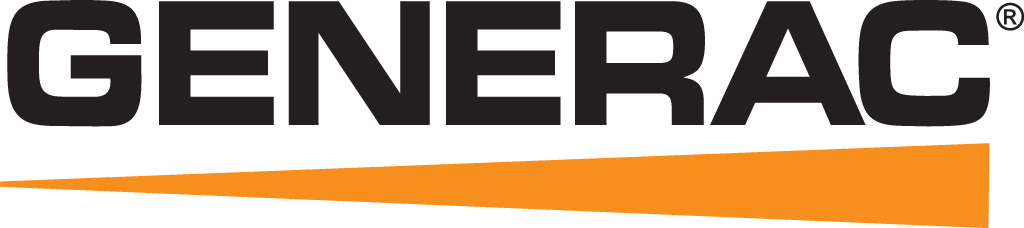 Generac logo: black text on top of a tapering orange line. The brand name is in bold font.