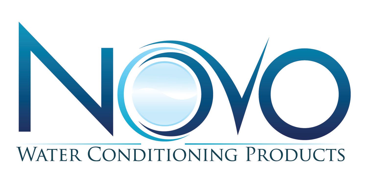The novo water conditioning products logo is blue and white