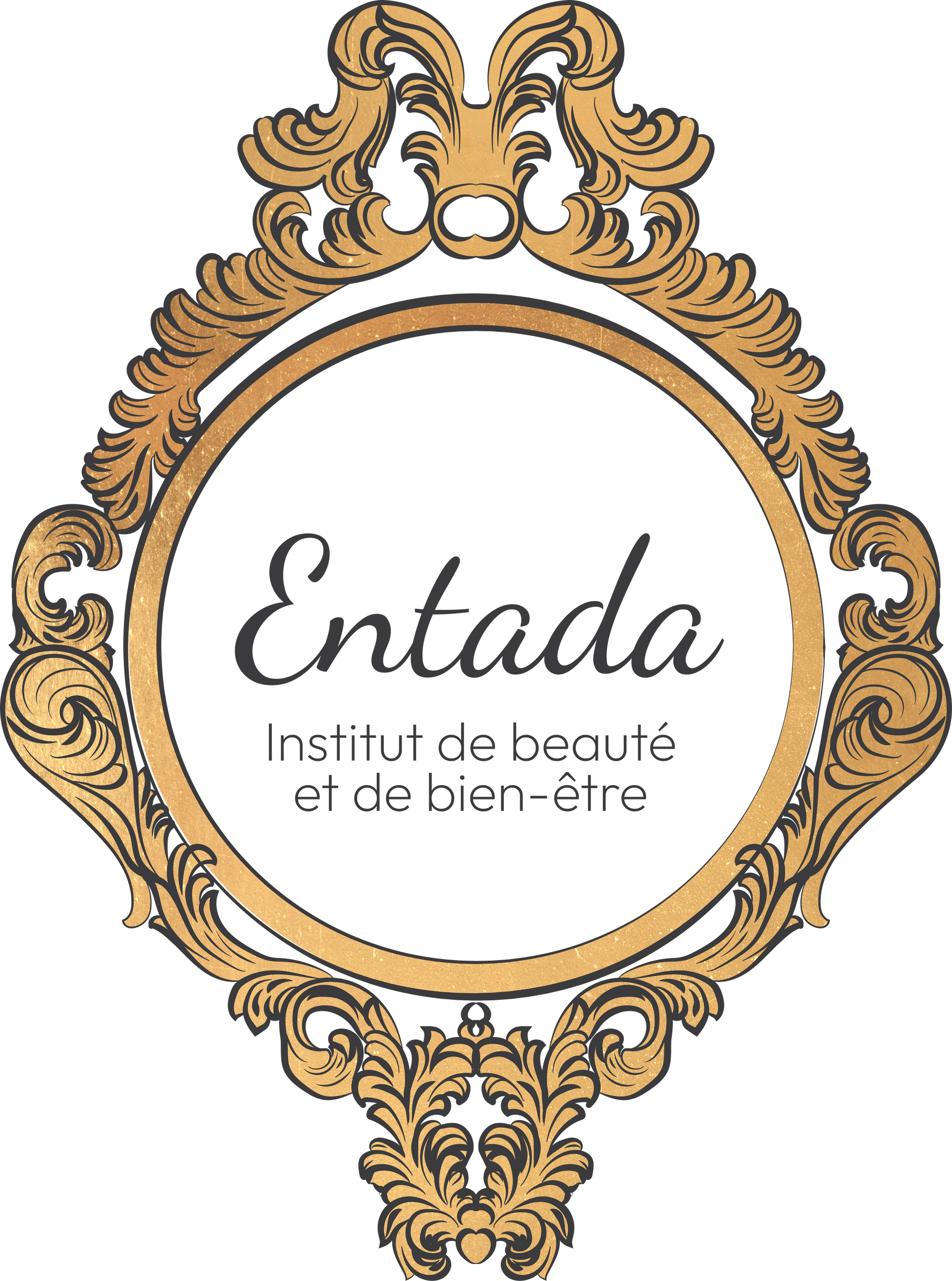 Logo de l'institut de beaut&eacute; &laquo; Entada &raquo;: Un cadre dor&eacute; orn&eacute; entoure un cercle blanc avec du texte.