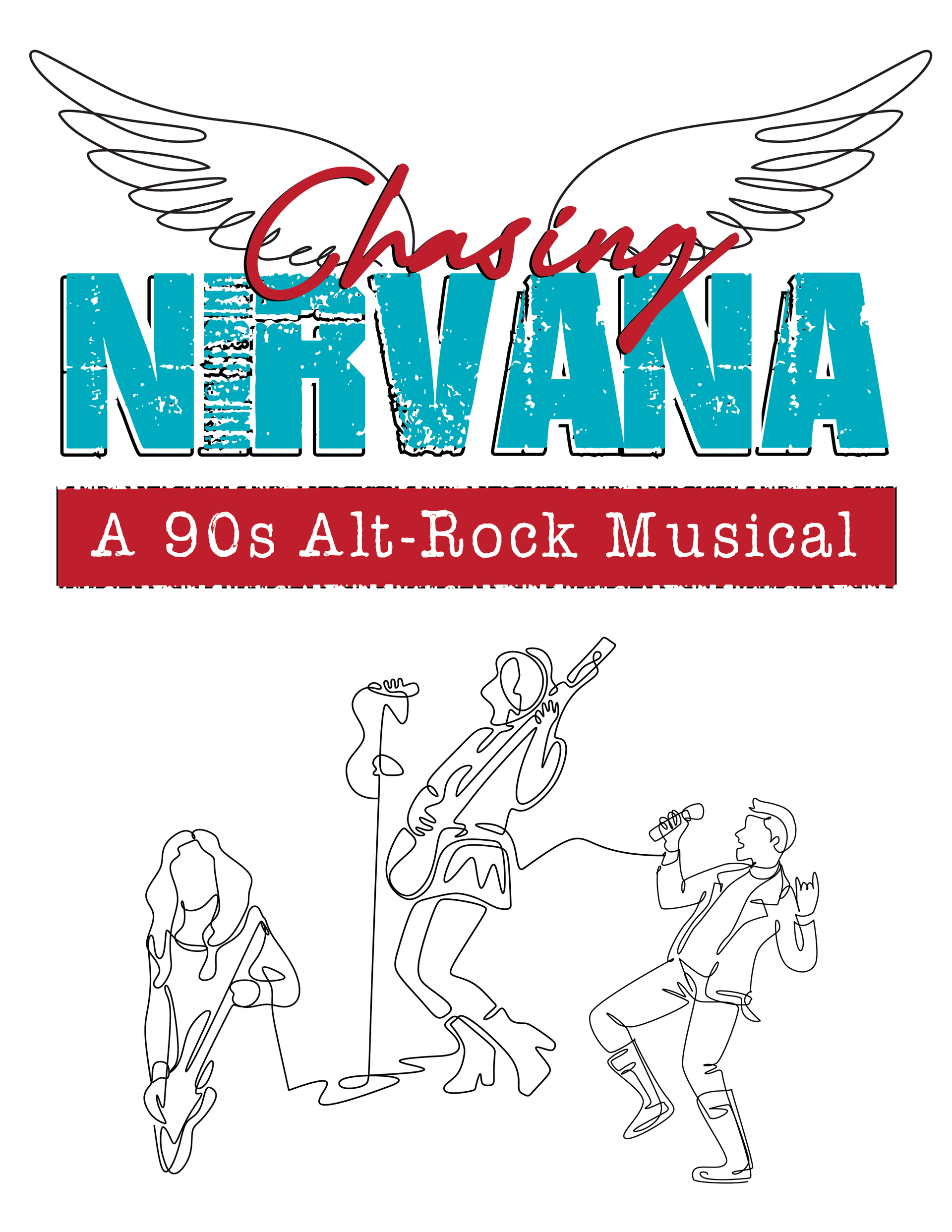 Poster for “Nirvana: A 90s Alt-Rock Musical” with winged logo and black-and-white figures