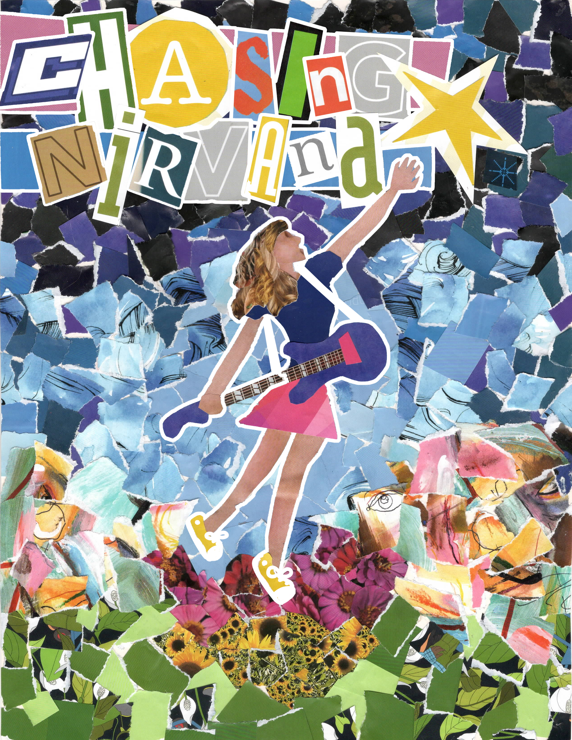 Girl in pink dress walking through a colorful collage with “Chasing Nirvana” in cutout letters and a star