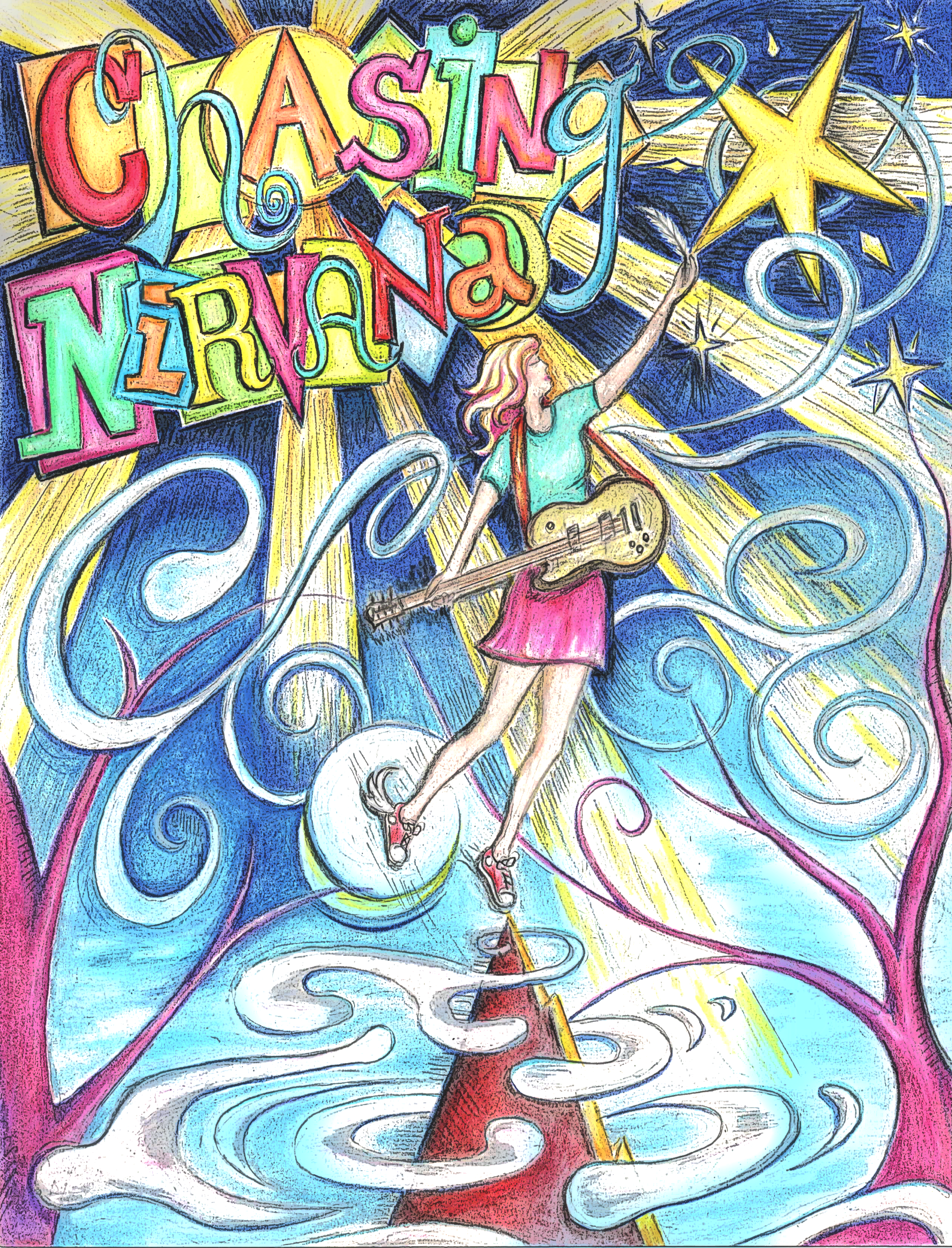Colorful drawing of a girl playing guitar with swirling hearts and stars, reading “Chasing Nirvana”