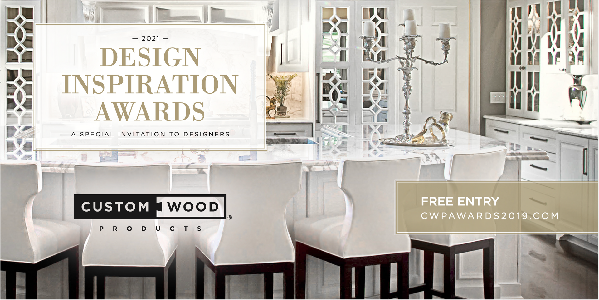 A kitchen advertisement featuring the Custom Wood Products logo and text for the 2018 Design Inspiration Awards.