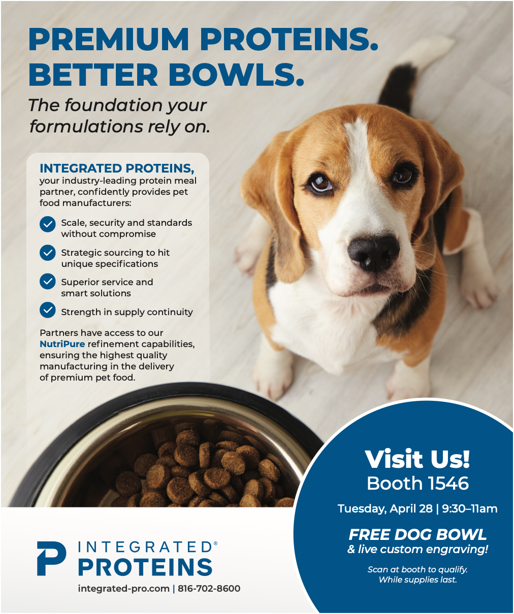 Beagle looking at a food bowl on an Integrated Proteins trade show ad with booth info.