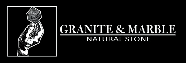 Granite & Marble Natural Stone logo with white text and a marble-like figure on a black background