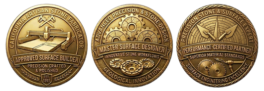 Three gold-colored coins or medallions with engraved text and emblems on a white background