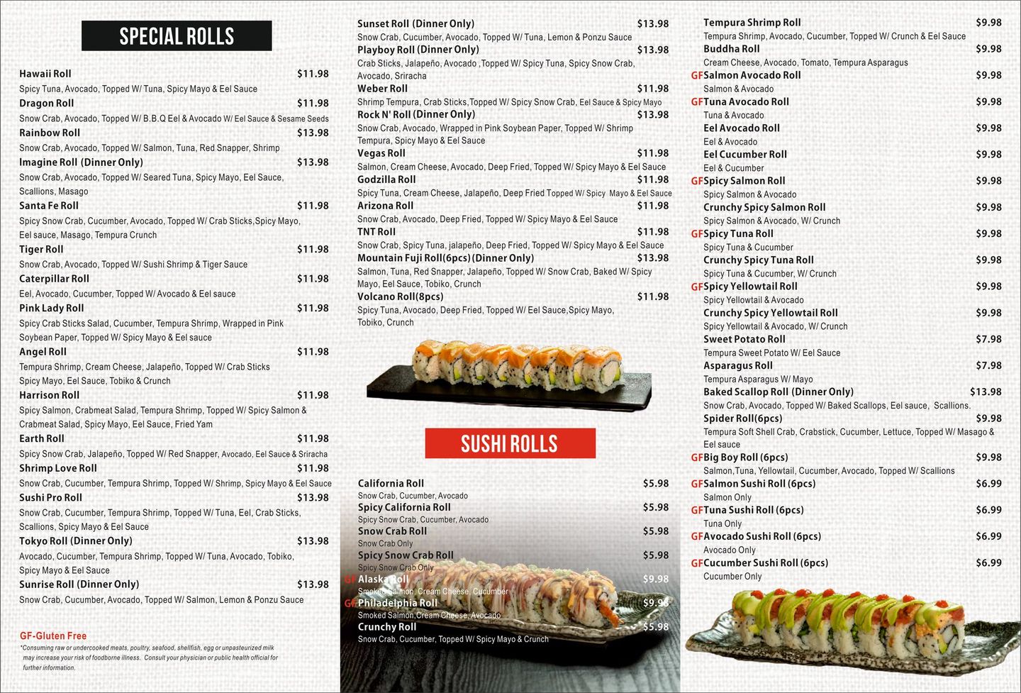 Restaurant menu page with sushi specials and photos of sushi rolls on white background
