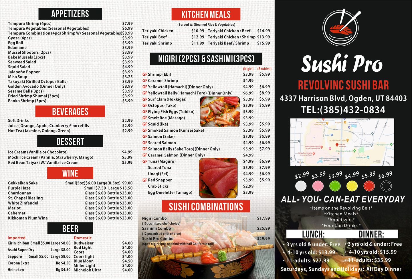 Sushi Pro restaurant menu with sushi photos, prices, and contact info on a black background