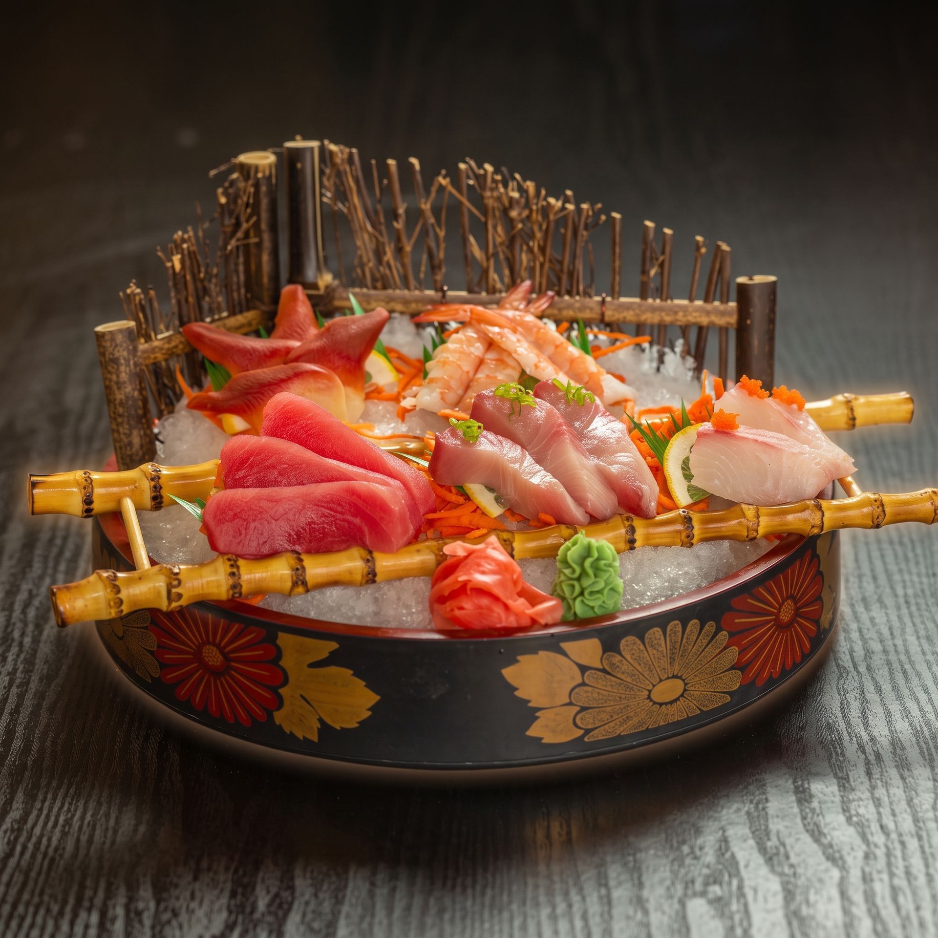 Assorted sushi and sashimi on a decorated plate with bamboo fence garnish