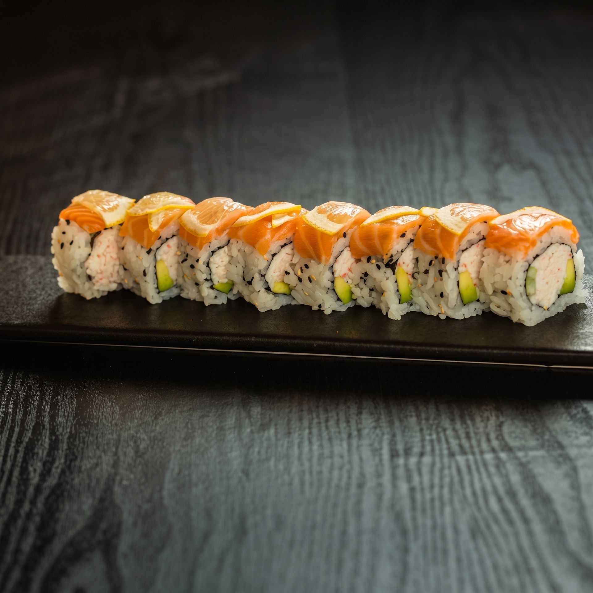 Assorted sushi rolls topped with orange fish on a black rectangular plate