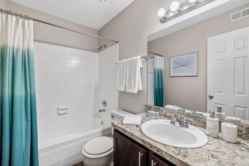a bathroom with a sink , toilet , bathtub and mirror at The Park at Flower Mound in Flower Mound, TX.