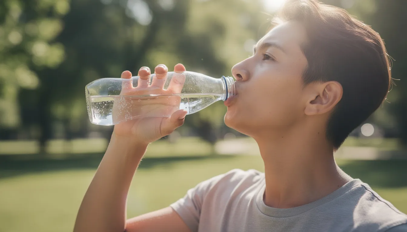 A person is outdoors, drinking water from a clear glass bottle, emphasizing the importance of proper hydration methods for maintaining fluid balance and overall health. This scene highlights the contrast between oral hydration, like drinking water, and IV therapy, which delivers fluids directly into the bloodstream for rapid rehydration in cases of severe dehydration.