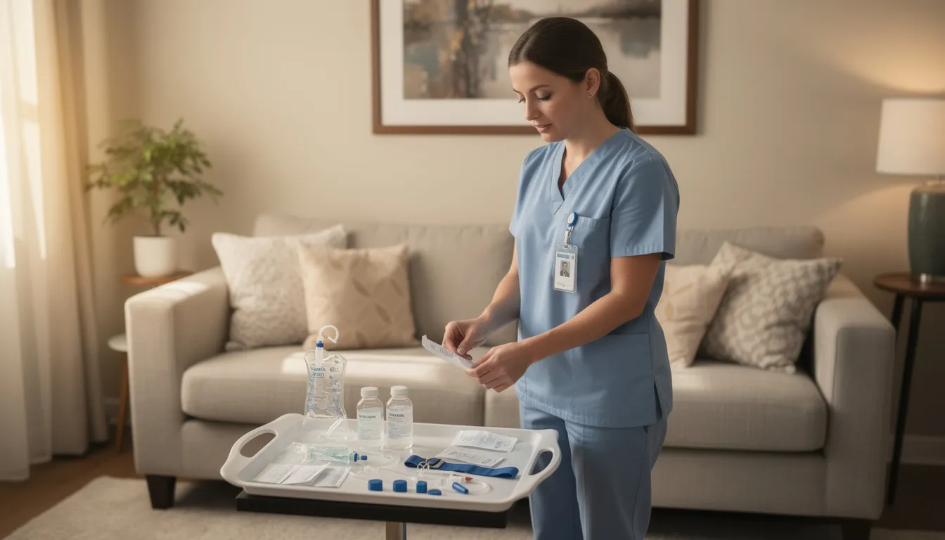 A registered nurse is seen preparing IV supplies in a cozy home living room, highlighting the convenience of mobile IV therapy services. This setting emphasizes the comfort of receiving IV hydration therapy treatments delivered to your door, ensuring optimal health and wellness in your own space.