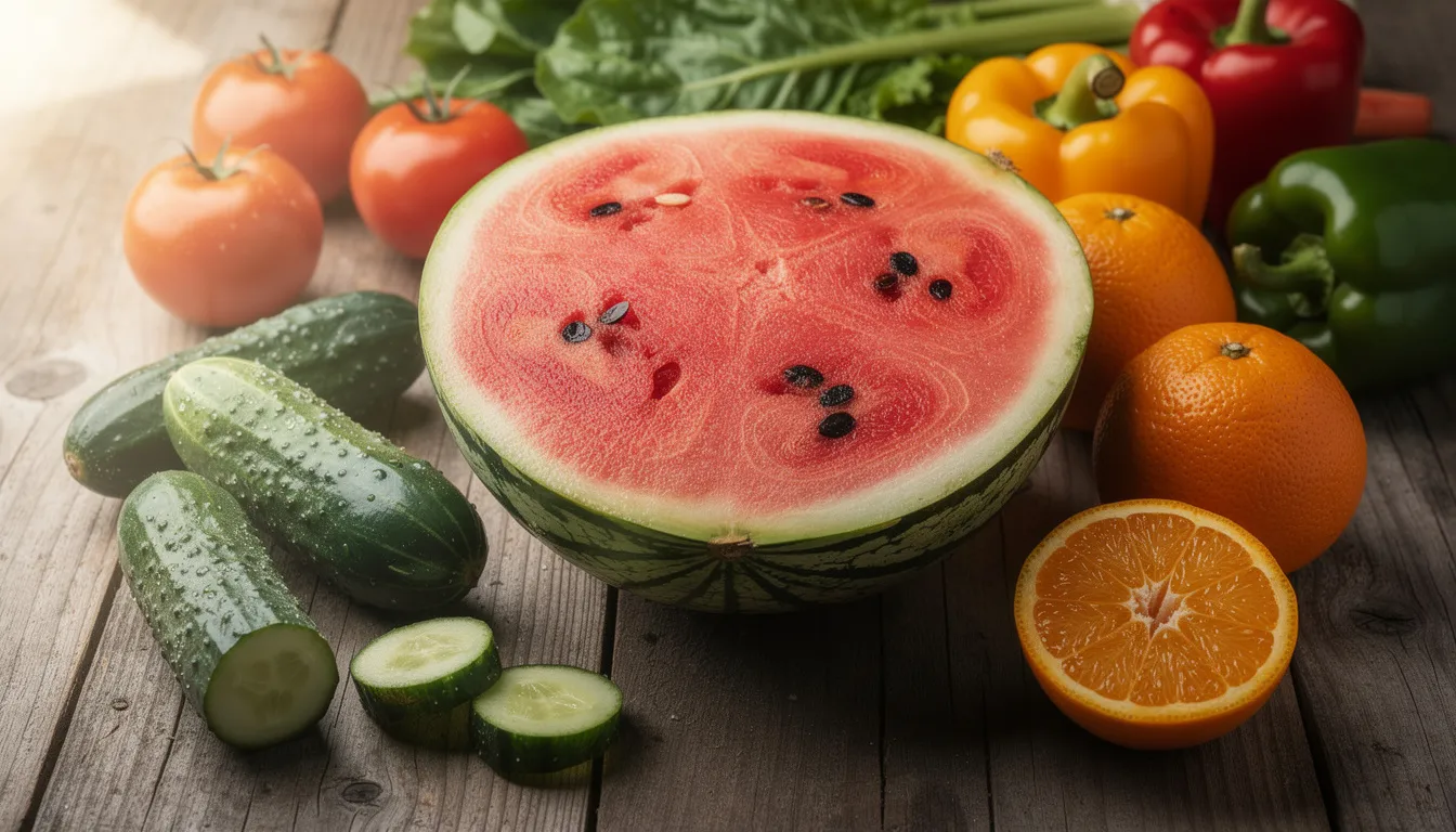 The image features a vibrant assortment of fresh fruits and vegetables, including a large watermelon, crisp cucumbers, and bright oranges, arranged on a rustic wooden table. This colorful display highlights the importance of hydration through natural sources, which can complement methods like IV therapy for rapid rehydration and maintaining optimal hydration levels.