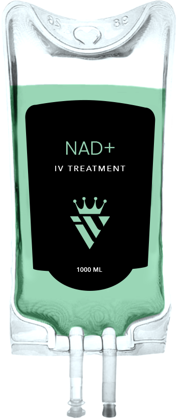 A NAD+ IV treatment bag with green liquid in it.