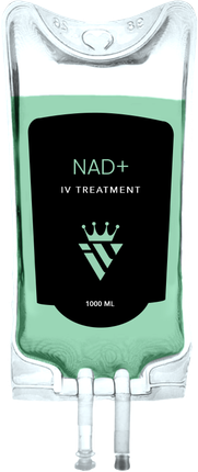 NAD+ IV infusion bag with mint-green fluid and black label, hanging vertically