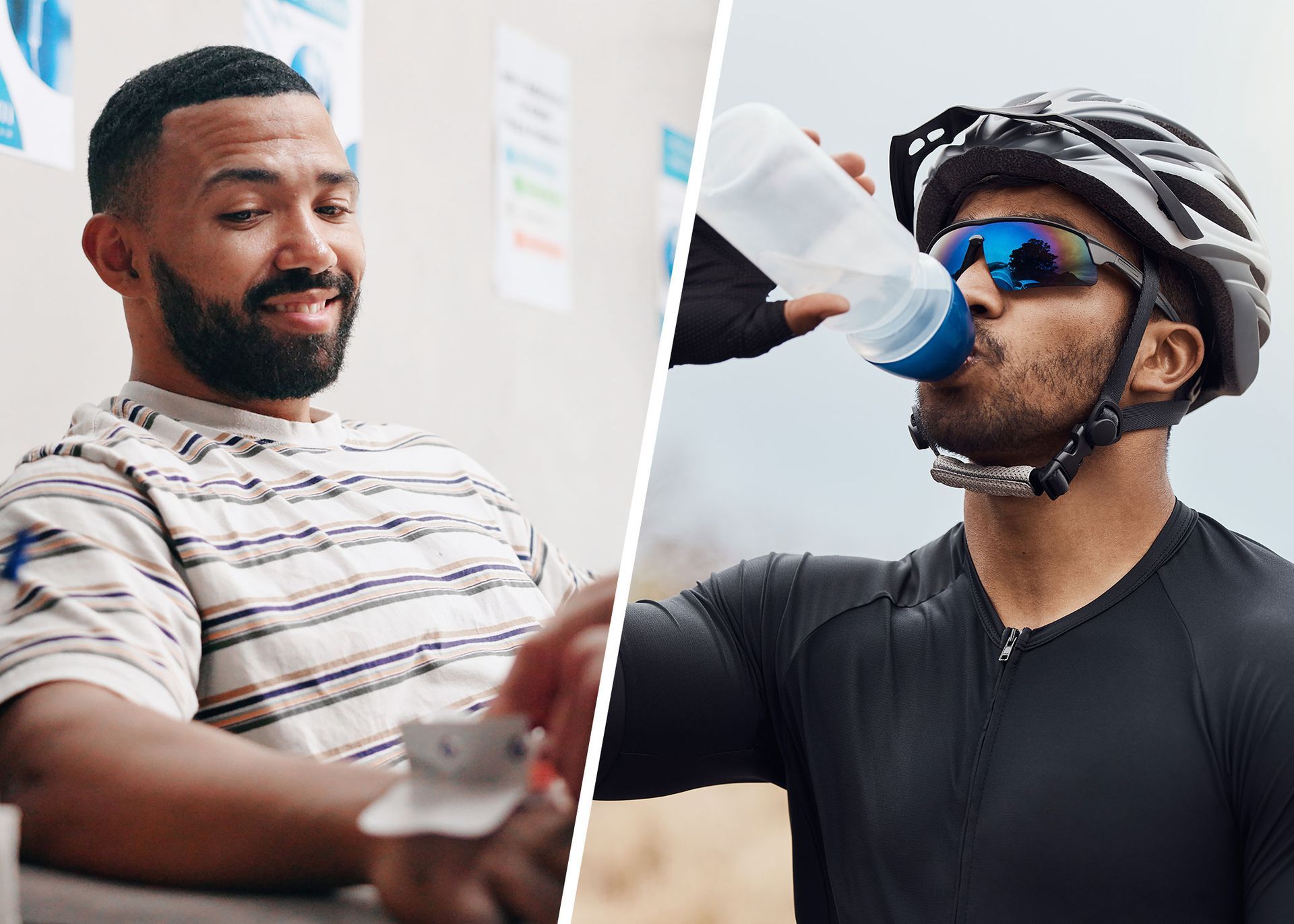 Split-screen: a person checks a blood glucose monitor, while another person in cycling gear drinks from a water bottle.