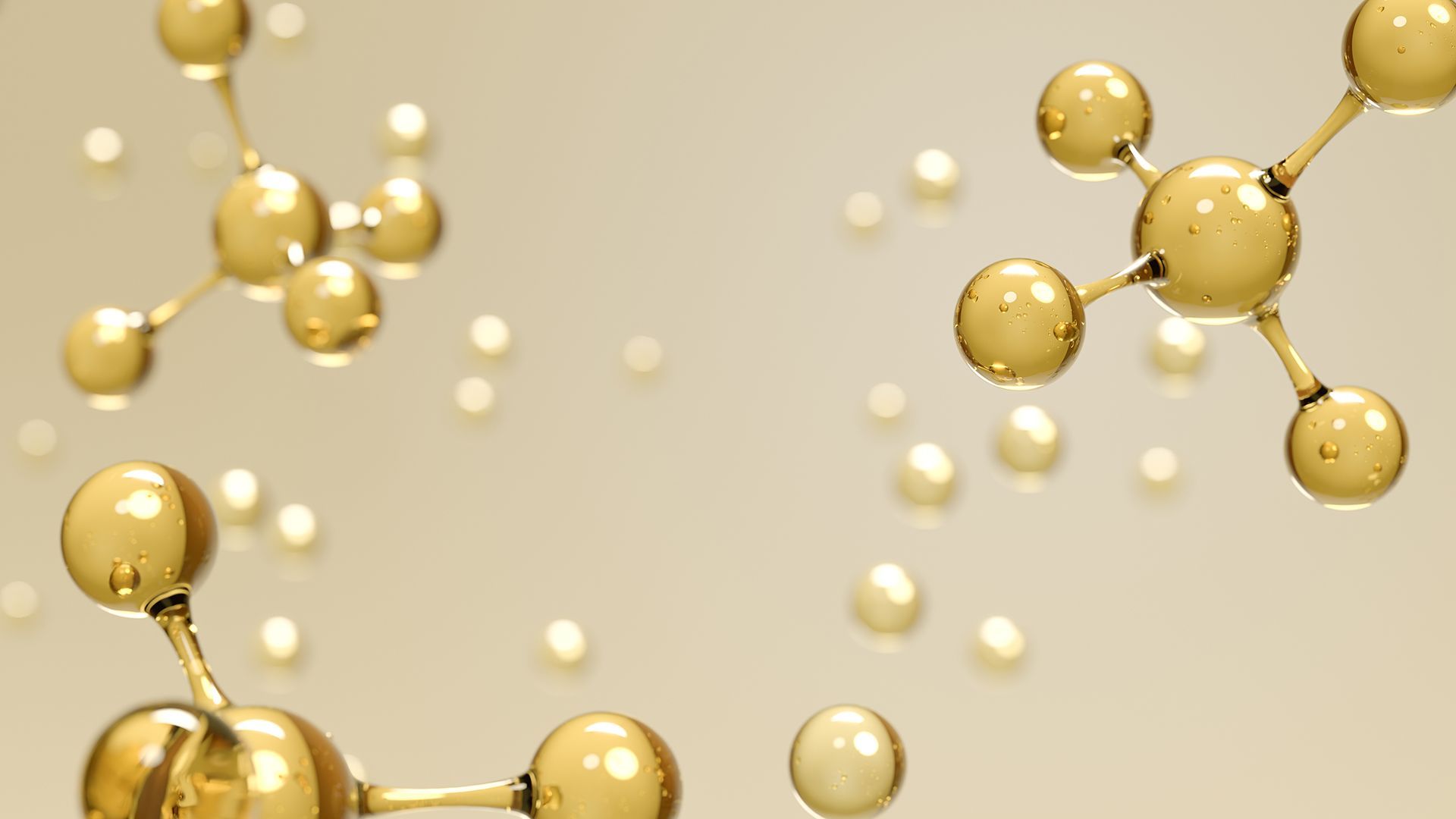 A 3D rendering of interconnected, golden-toned molecular structures floating against a soft, light-colored background.