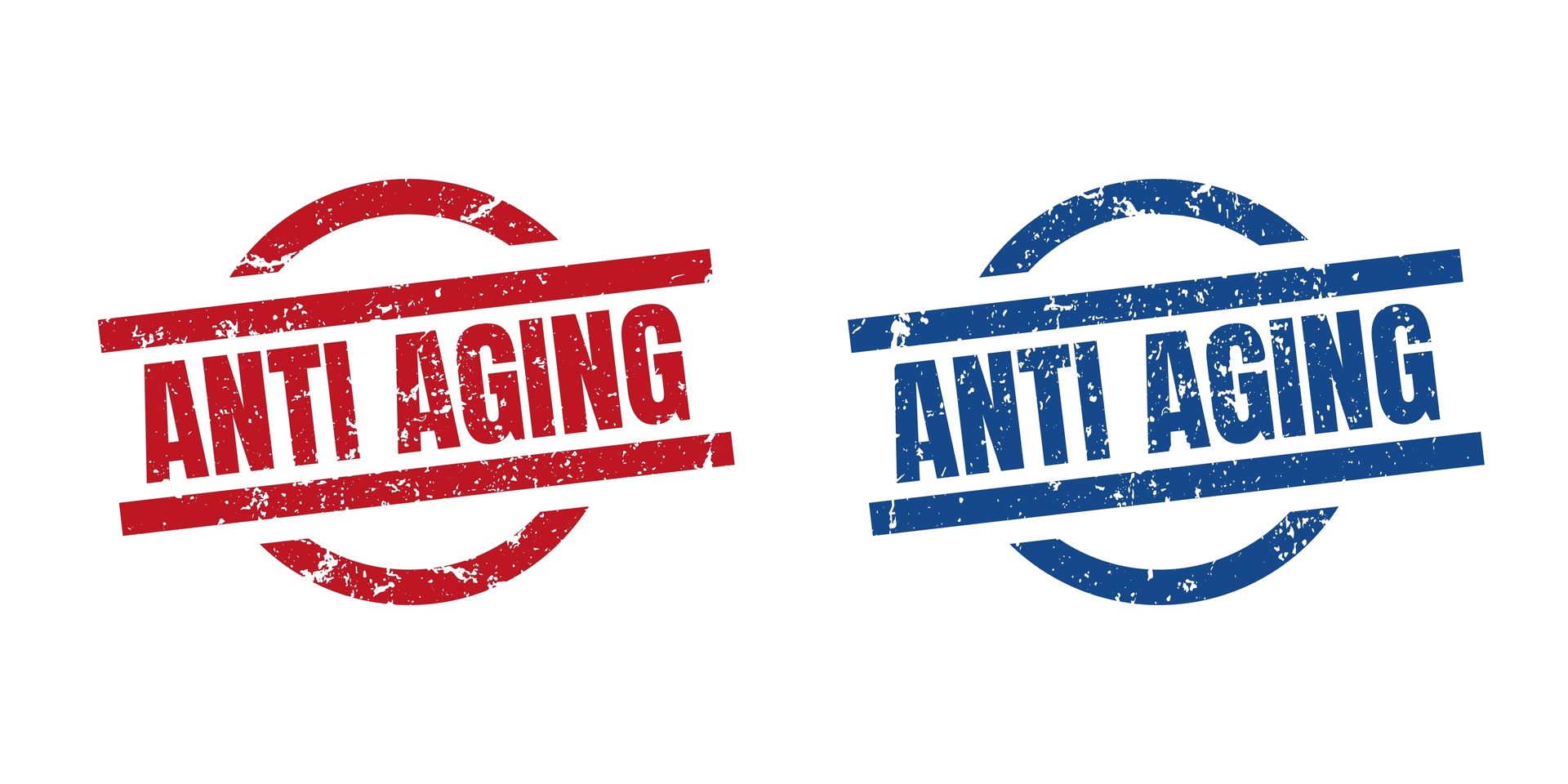 A red and blue stamp that says anti aging on a white background.